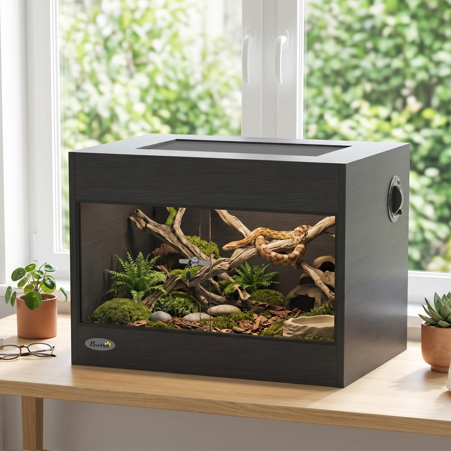 PawHut Reptile Terrarium, Reptile Vivarium with  Glass Doors, Secure Lock, Top Ventilation for Snake, Gecko, 60x45x45cm, Black