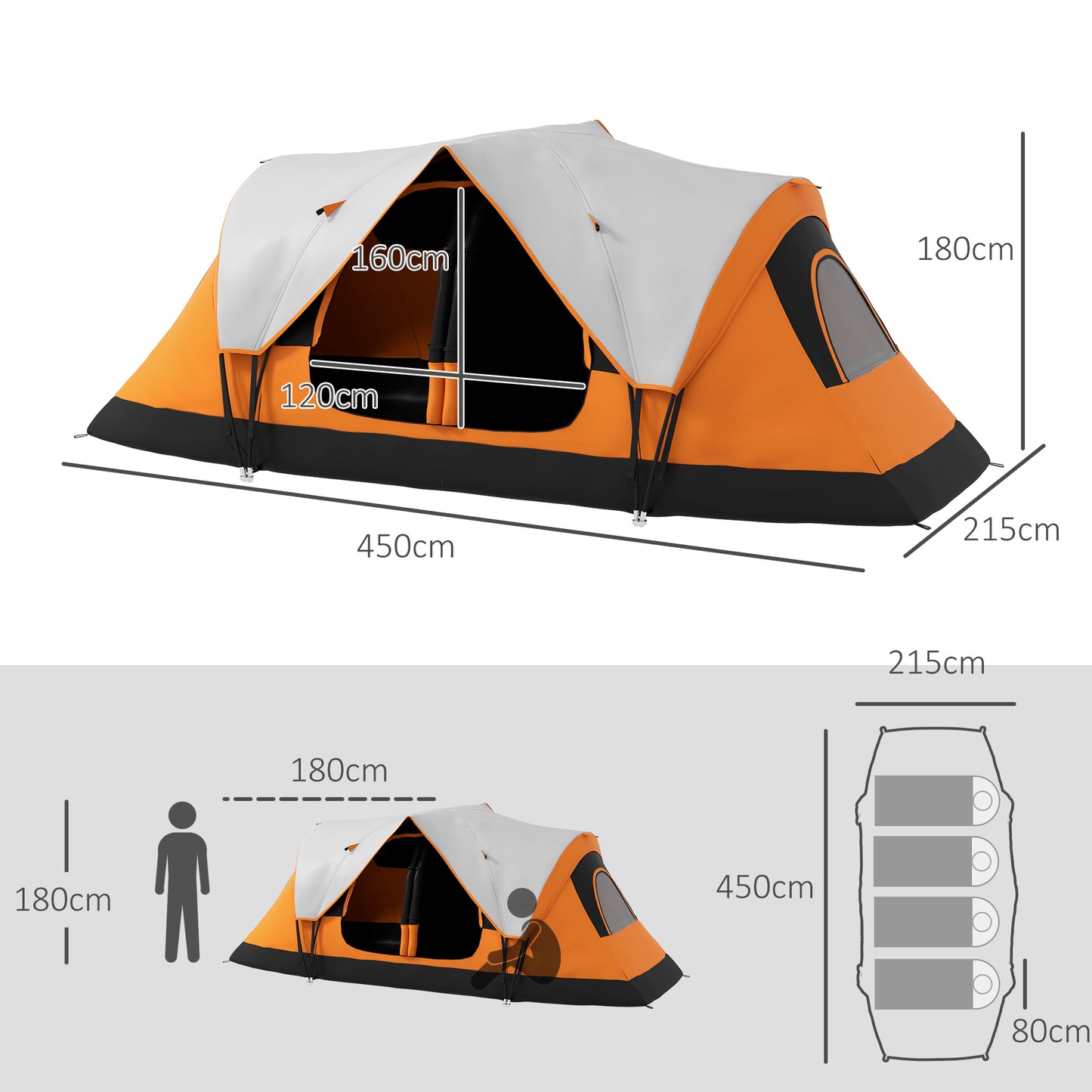 Outsunny Six-Man Tent with Two Rooms Small Rainfly and Accessories - Orange