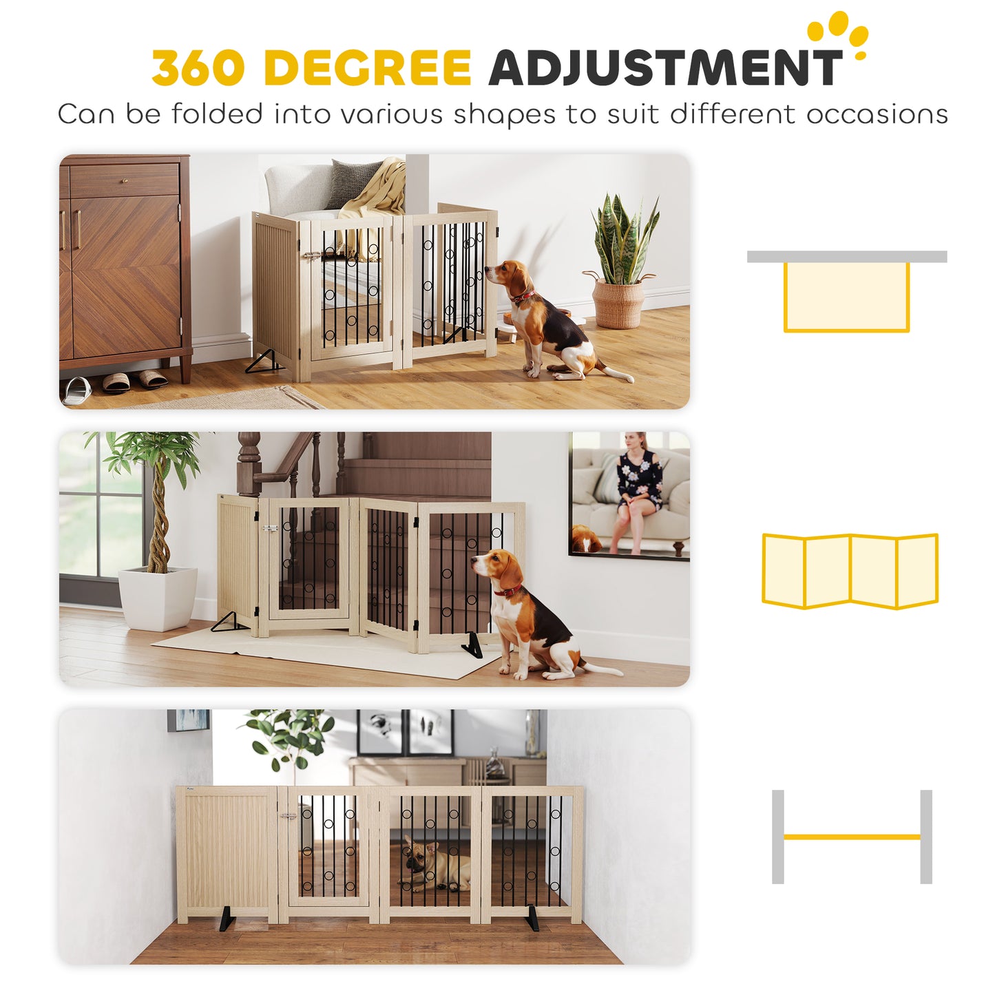 PawHut 4 Panel Freestanding Pet Gate, Indoor Dog Barrier with Lockable Door, Support Feet, 360° Flexible Hinges, Oak
