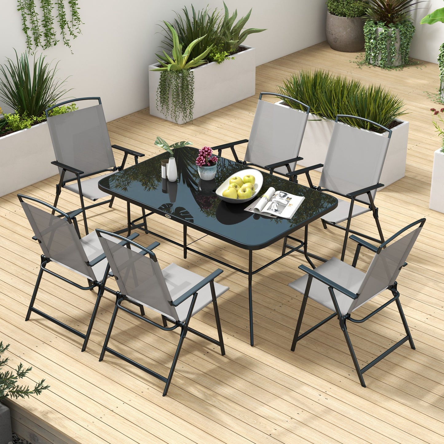 Outsunny 7pc Metal Garden Dining Set with Glass Top - Grey