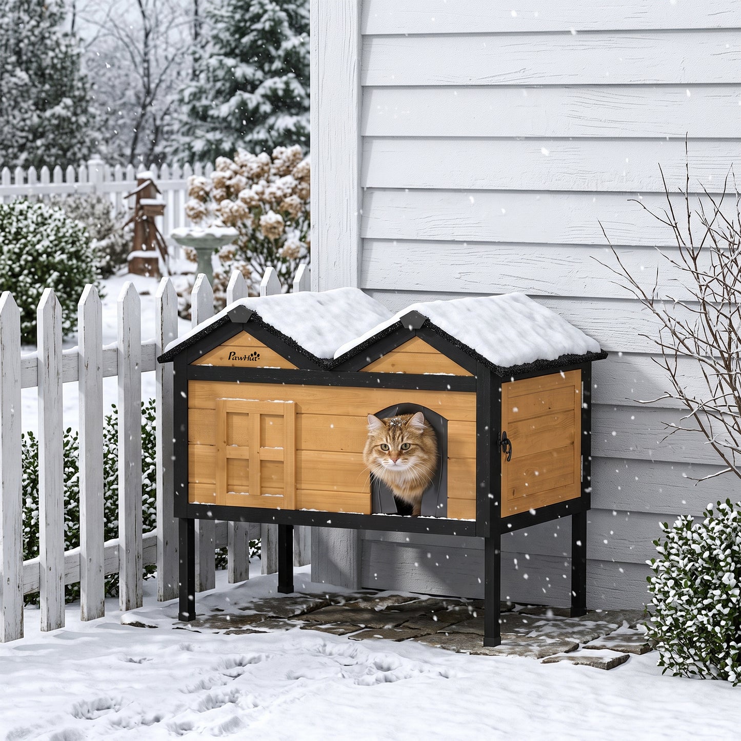 PawHut Wooden Cat House Outdoor Indoor with Weatherproof Asphalt Roof, Side Cleaning Door, PVC Curtain