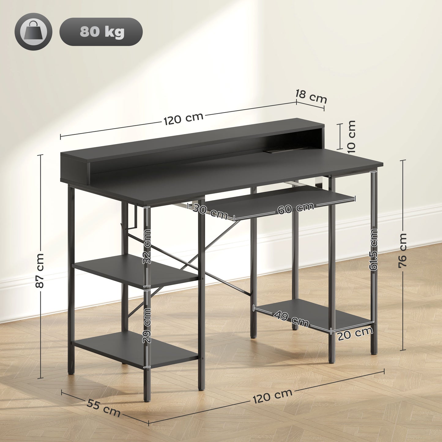 HOMCOM Reversible Computer Desk with LED, Power Outlets, Monitor Stand, Keyboard Tray, Storage Shelves, 120x55cm. Industrial Office Desk, Black