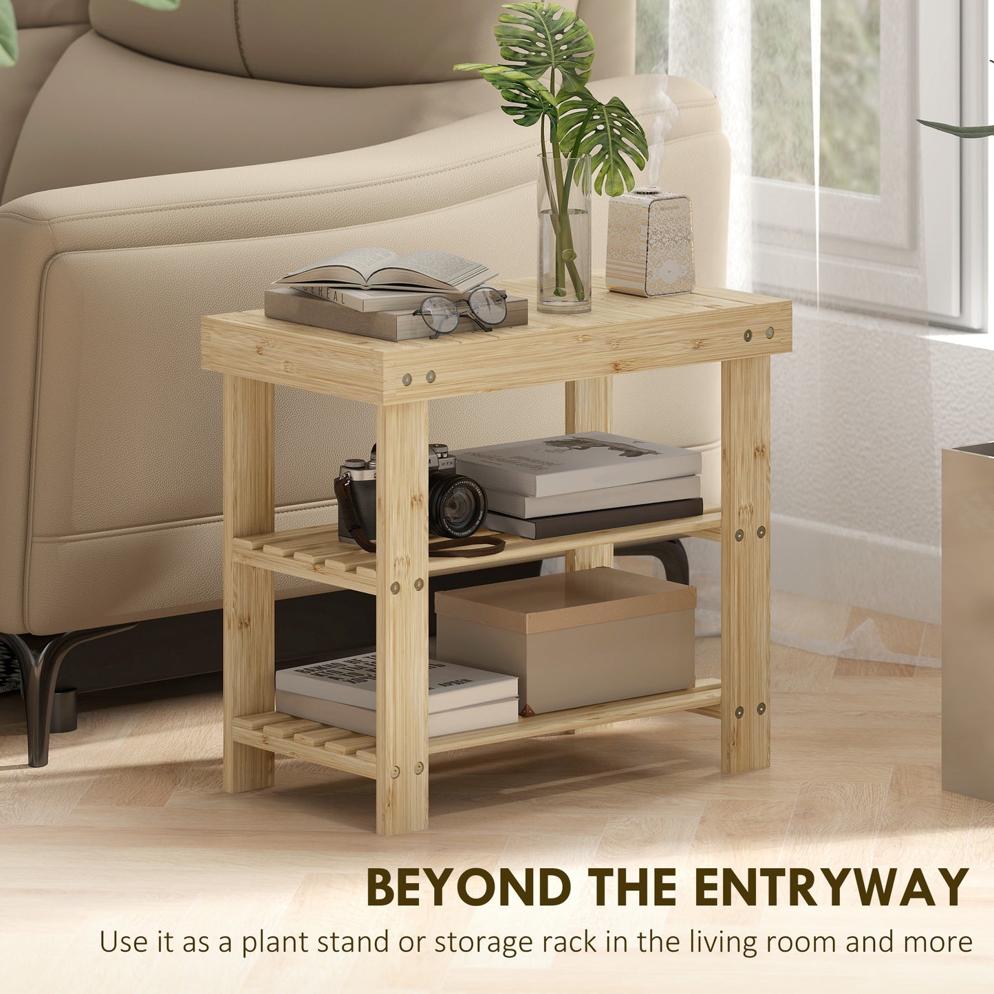 HOMCOM 3-Tier Bamboo Shoe Storage Bench - Nature Wood Finish
