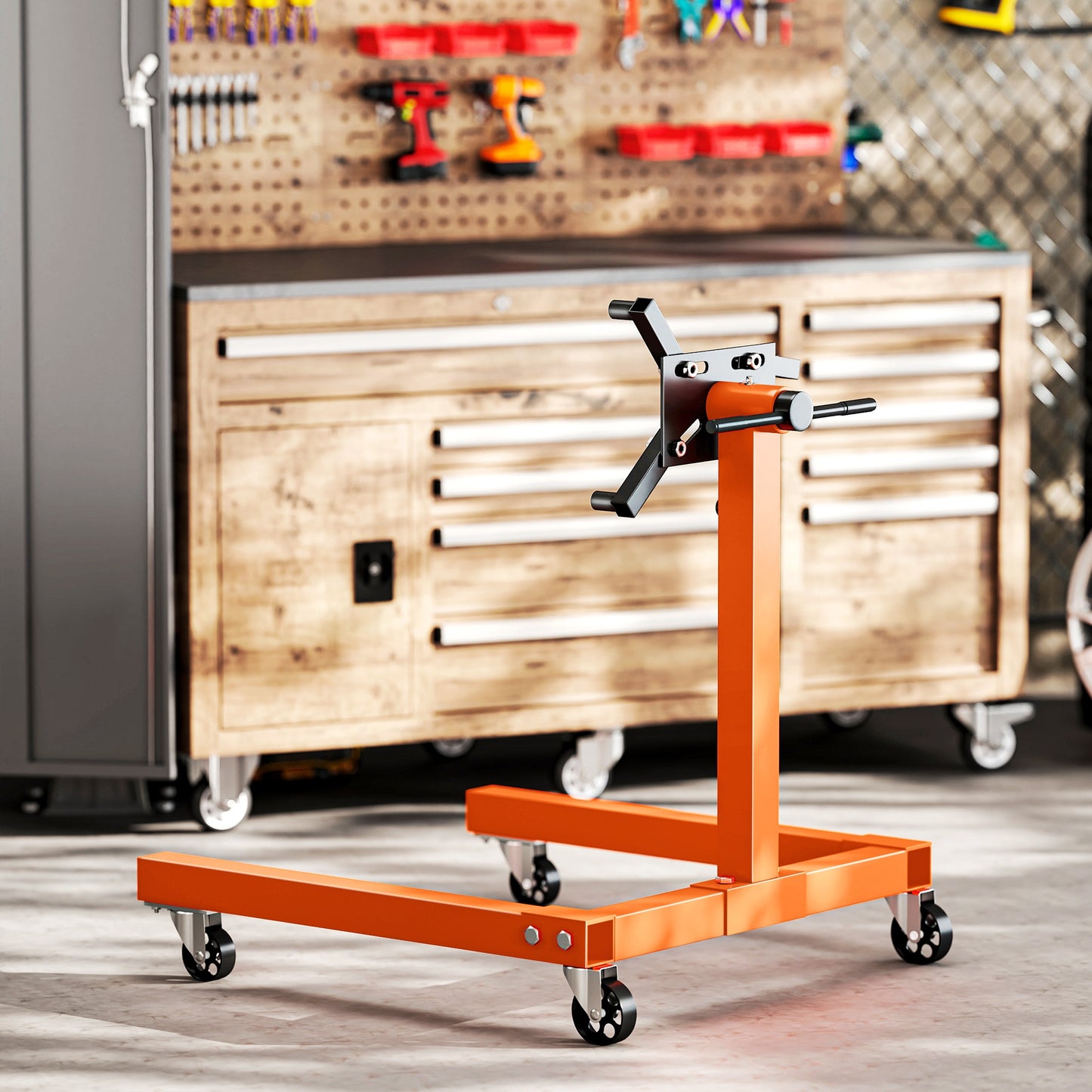HOMCOM Engine Stand, 570 kg Rotating Head with 4 Mounting Arms, Heavy Duty Steel, Universal Wheels for Garage/Workshop, Orange