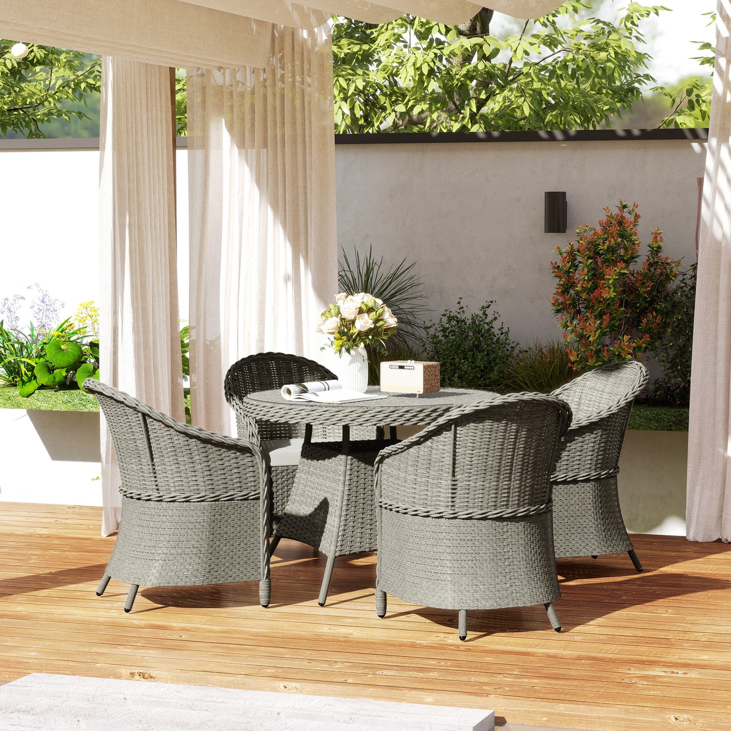 Outsunny 4-Seater Rattan Garden Furniture Set, Glass-Top Table & Cushions, Umbrella Hole, Outdoor Dining, Grey