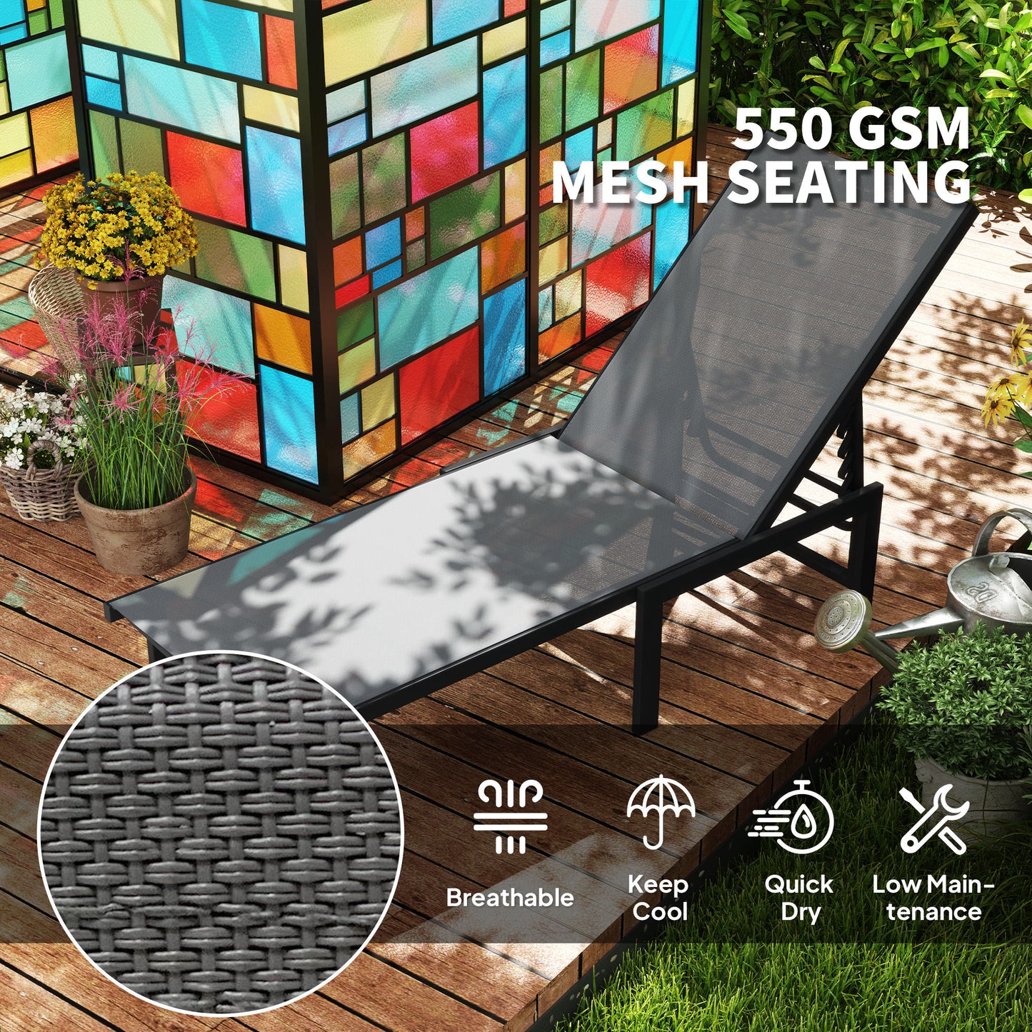 Outsunny Sun Lounger, 5-Level Adjustable Reclining Chair, Flat Garden Sunbed, Texteline Seat, Steel Frame for Patio, Beach, Grey