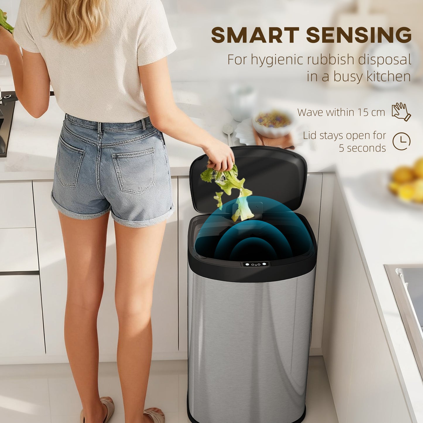 HOMCOM Sensor Bin, 55L Soft-Close Lid, Automatic Touchless Motion, Fingerprint Resistant, Kitchen/Gym/Office Use, Silver Tone