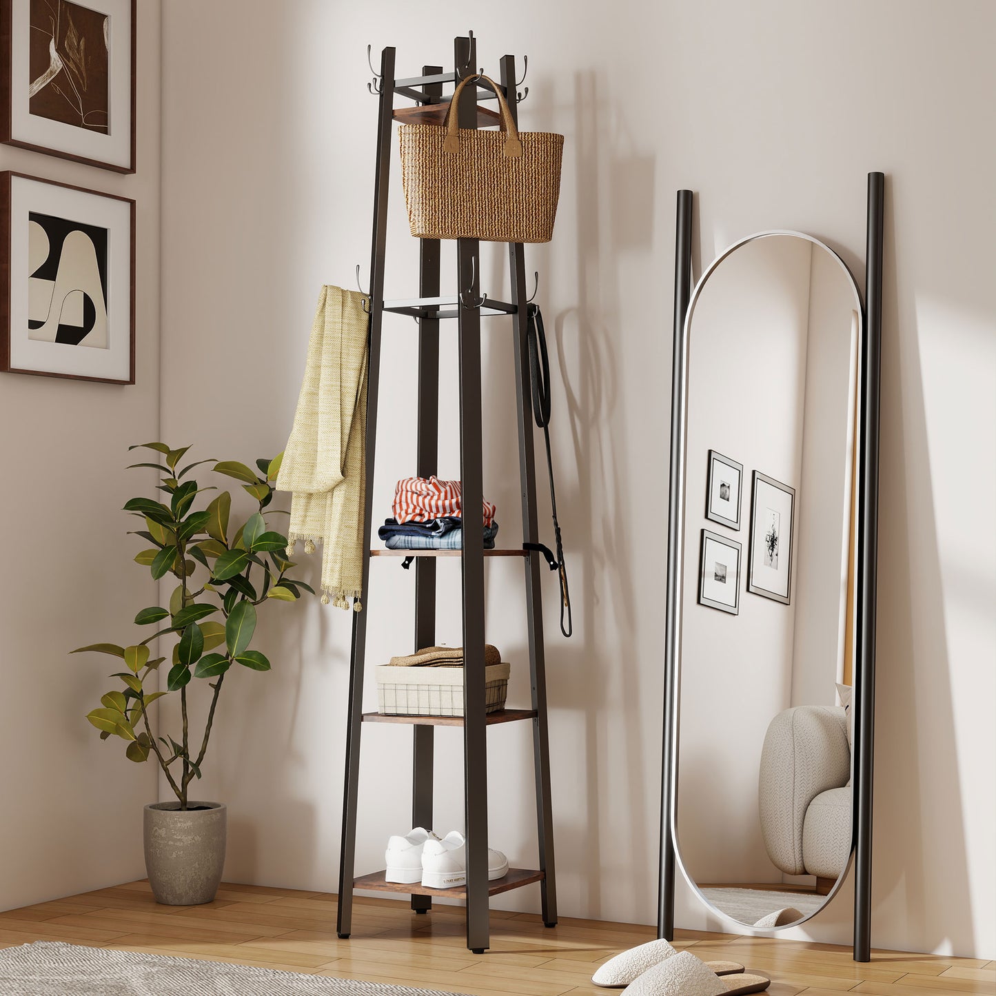 HOMCOM Industrial Coat Stand with 8 Hooks and 4 Shelves - Rustic Brown