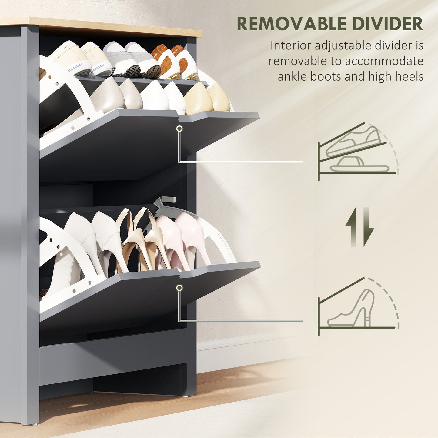 HOMCOM Slim Shoe Cabinet, Narrow Shoe Cupboard with 2 Flip Drawers, Adjustable Shelves for 12 Pairs of Shoes, Charcoal Grey