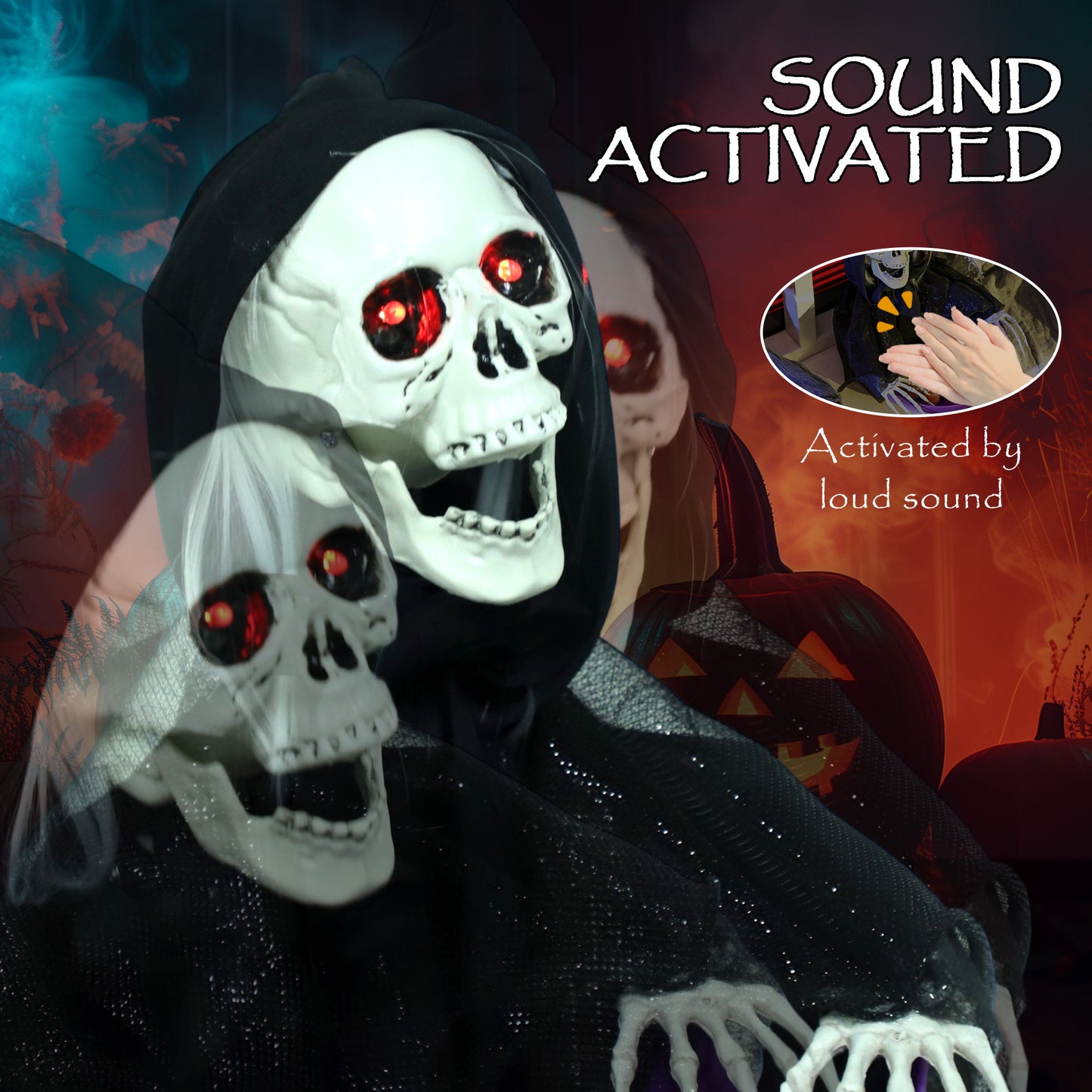 Outsunny 2pcs Animated Halloween Skull Bowl with LED Eyes, Moving Body, Creepy Sound, Skeleton Ghost Candy Dish for Party Decoration