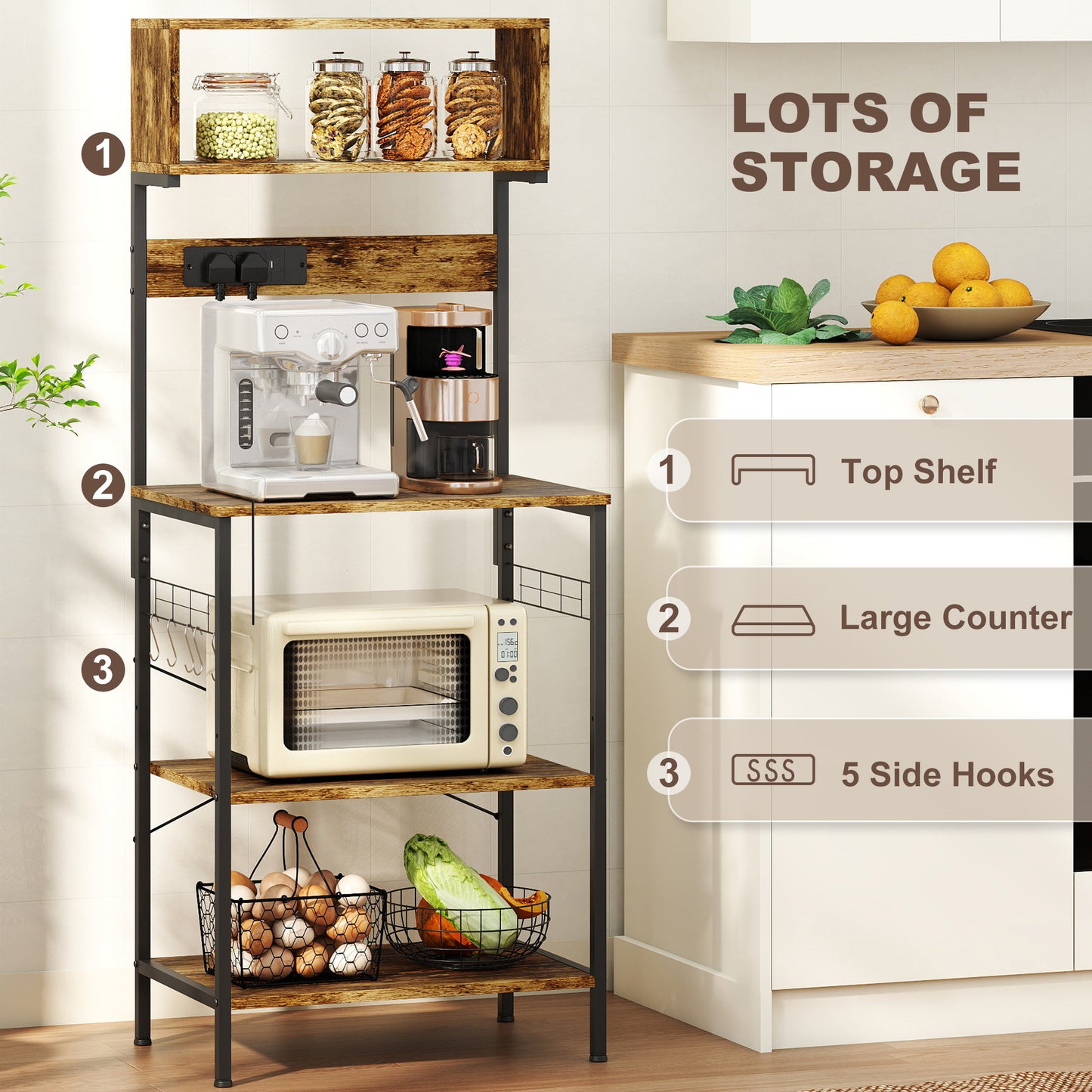 HOMCOM Bakers Rack with Power Outlet, USB Charger, Adjustable Shelves, 5 Hooks, Kitchen Storage for Spices and Pans, Rustic Brown