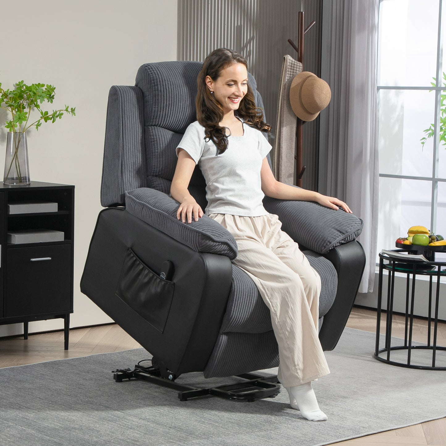 HOMCOM Power Lift Recliner Chair, Patchwork Oversized Electric Armchair, Dark Grey
