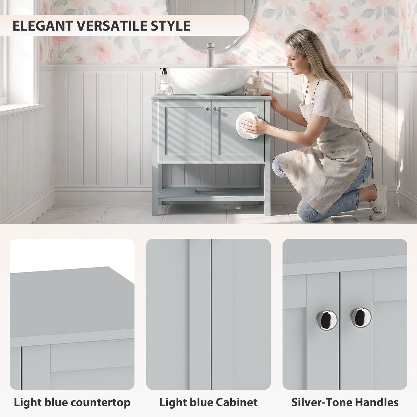 HOMCOM Under Sink Bathroom Cabinet with 2 Doors, Open Shelf and U-Shape Cut-Out for Basin with or without Pedestal, Light Blue