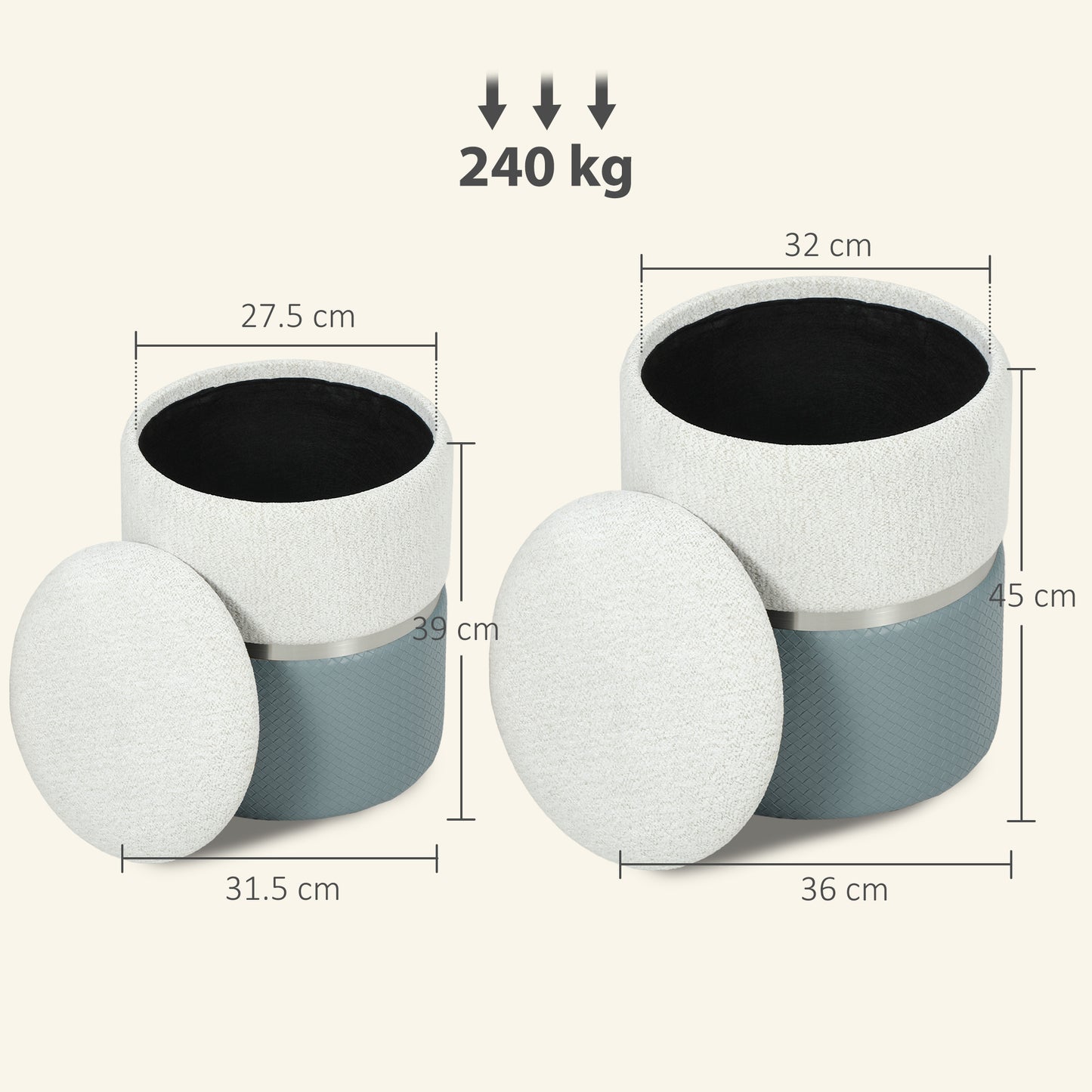 HOMCOM Nesting Round Ottoman with Storage Set of 2 - Cream/Grey
