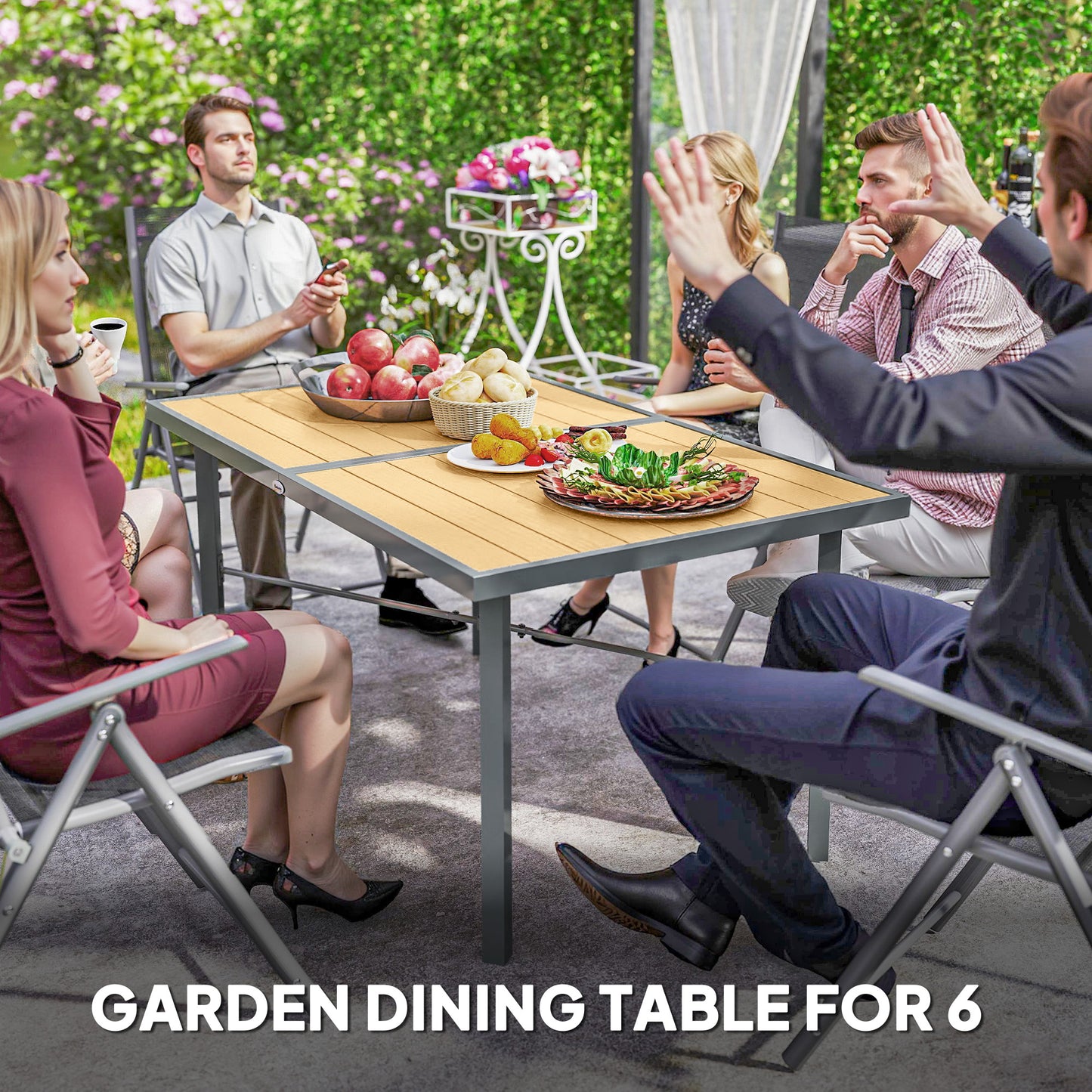 Outsunny Garden Table for 6, Outdoor Dining Table, Wood Effect Top, Rust Resistant Frame, 5cm Umbrella Hole, 150 x 90 cm, for Patio, Balcony, Terrace