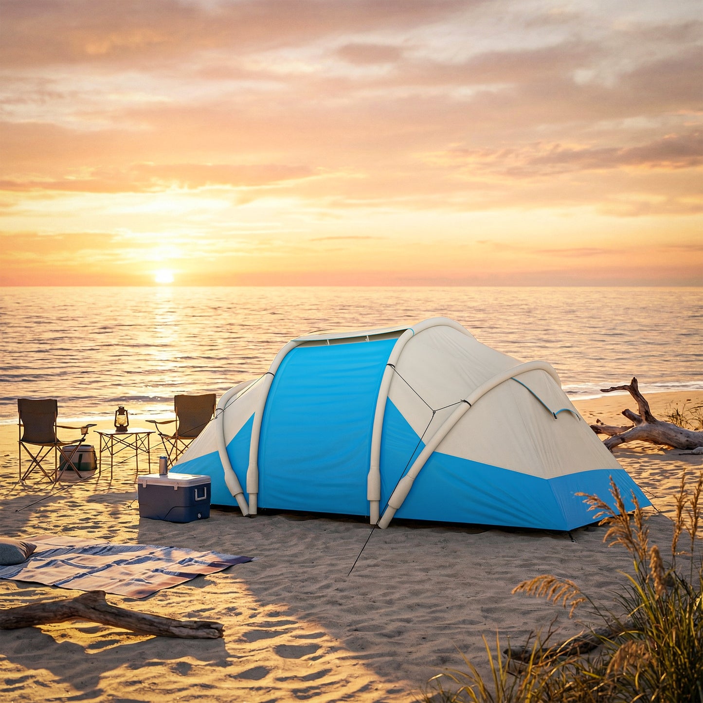 Outsunny Inflatable Tent 2 Bedroom 3000mm Waterproof Windproof Air Tent with Carry Bag for 4 Person