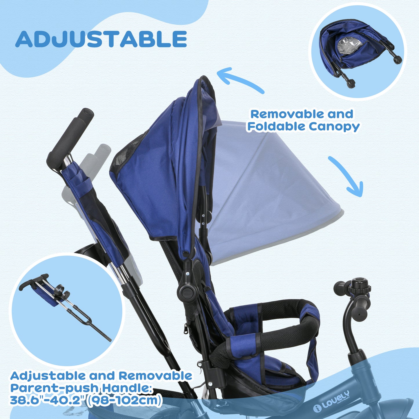 HOMCOM 4 in 1 Kids Trike Push Bike w/ Push Handle 5-point Safety Belt for 1-5 Year olds Dark Blue