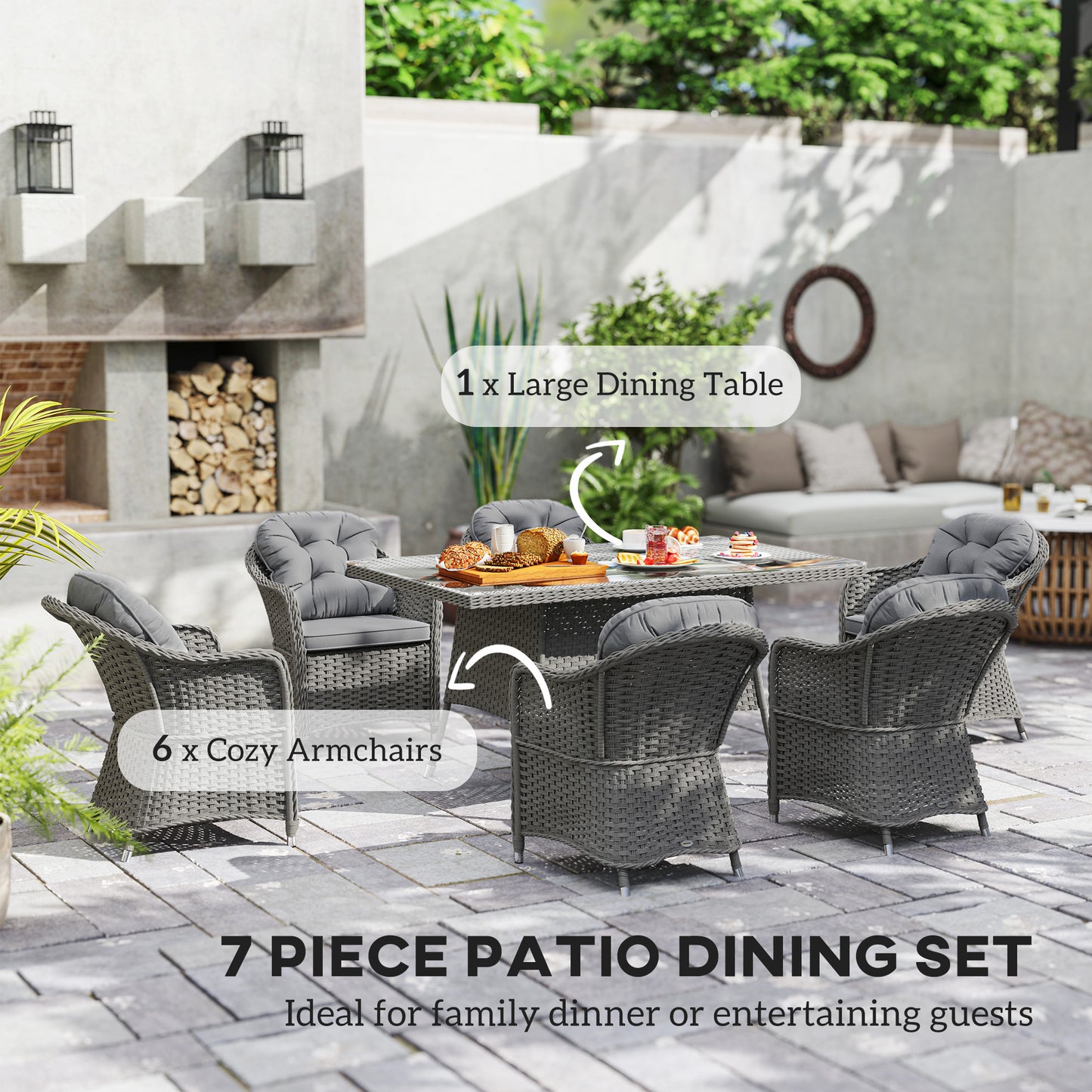 Outsunny 6 Seater Rattan Dining Set with Cushions, PE Rattan Garden Furniture, Rectangular Glass Table with Umbrella Hole, Light Grey