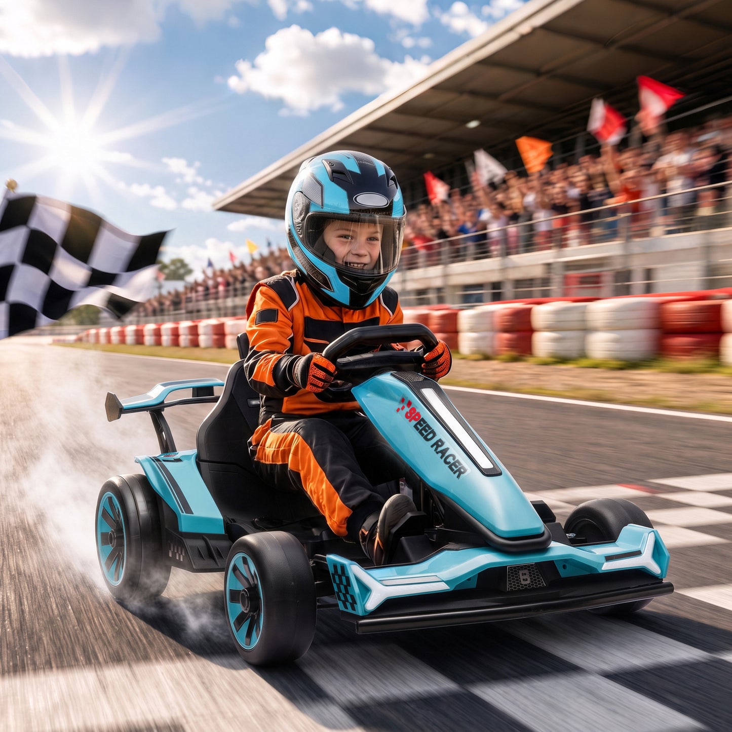 AIYAPLAY 24V Electric Go Kart for Kids 6-12 Years with Drift Mode, Adjustable Seat, 3 Speed, Slow Start, Light Blue
