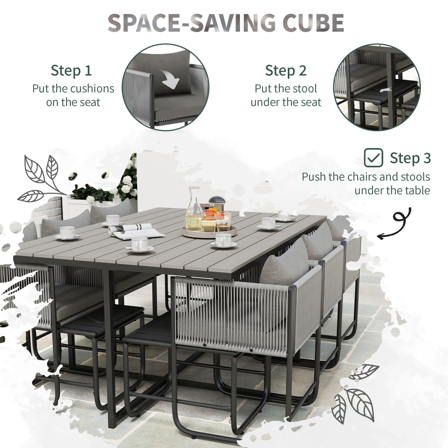 Outsunny Rattan Cube Garden Dining Set, 10 Seater with Cushions, 6 Armchairs, 4 Stools, Rectangular Table, Wood Grain Top, Grey