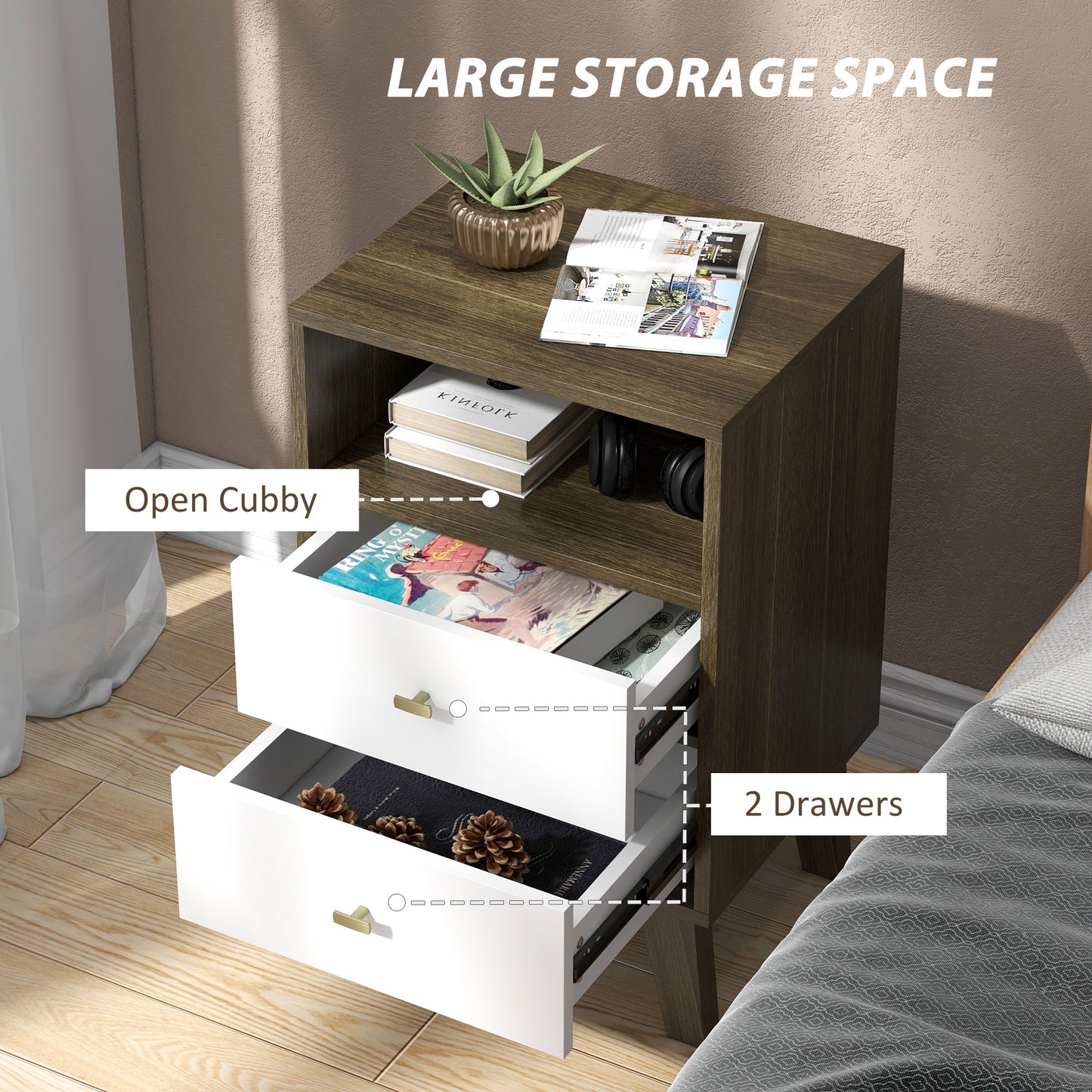 HOMCOM Industrial-Scandinavian Mix Bedside Table, with Drawers and Shelf