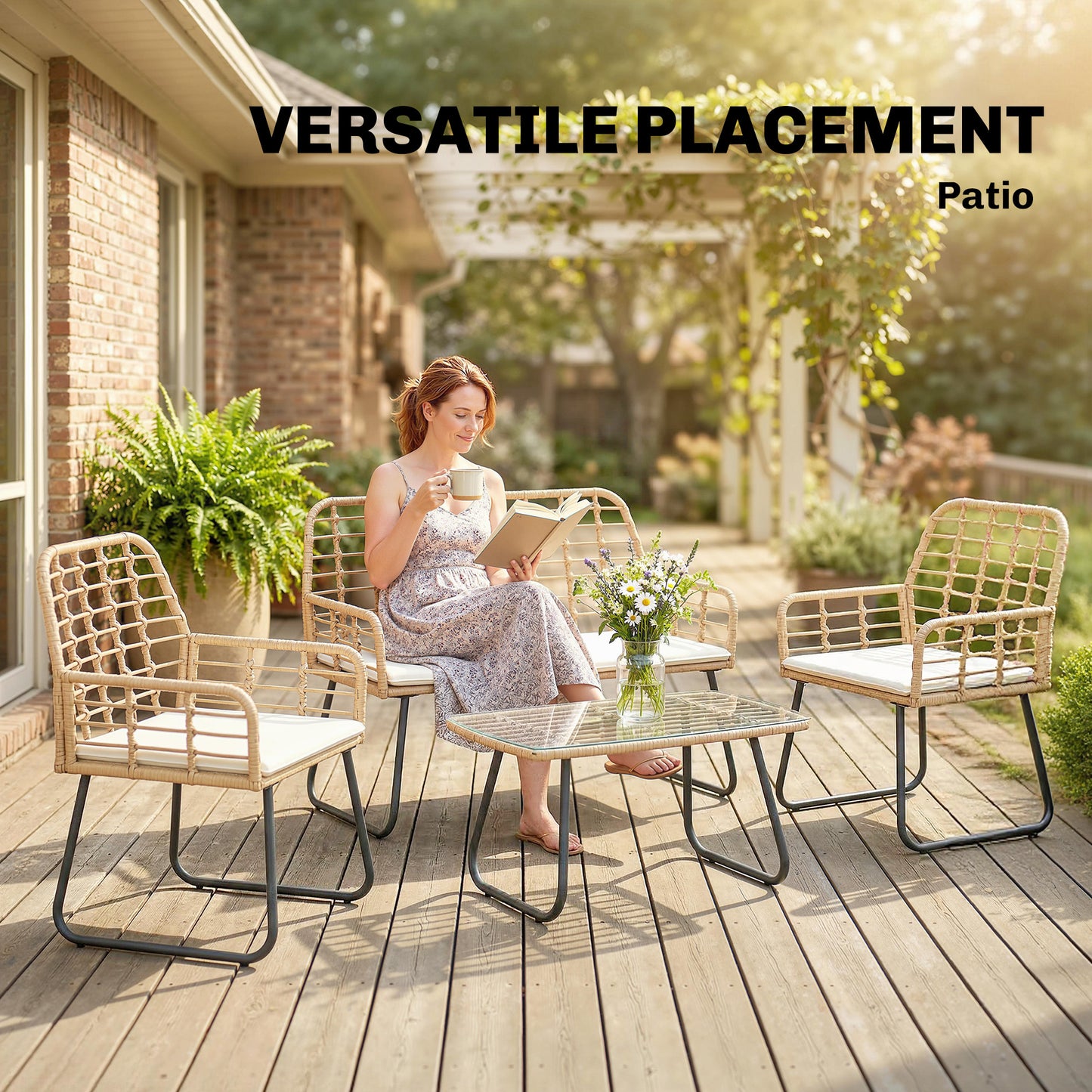 Outsunny 4 Piece Rattan Garden Furniture Set, Outdoor Patio Furniture, Armchairs and Coffee Table