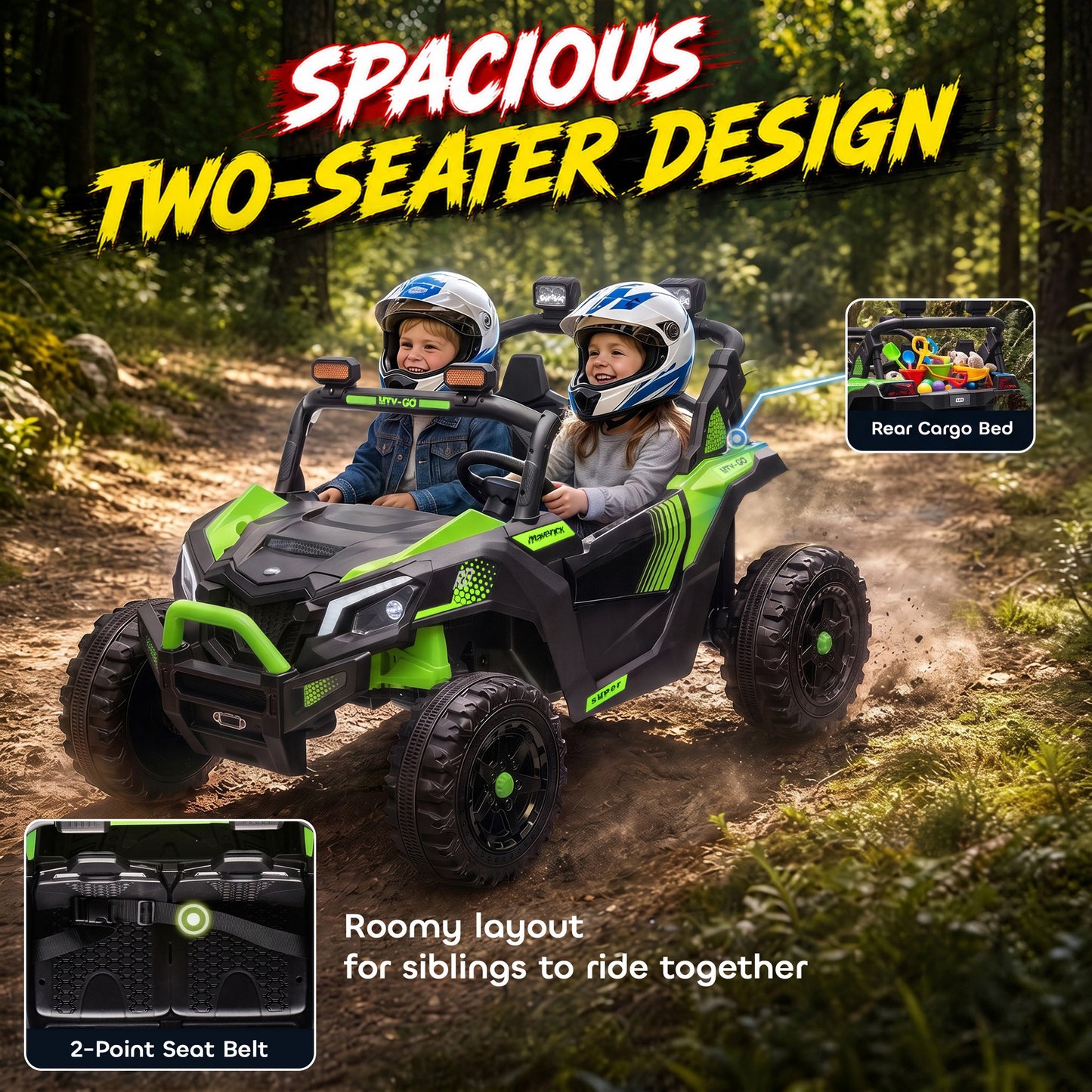 AIYAPLAY 24V 2 Seater Ride On Truck Car for Big Kids with Remote Control, Dual Motors, 4-Wheel Suspension for Ages 3-8, Green, Black