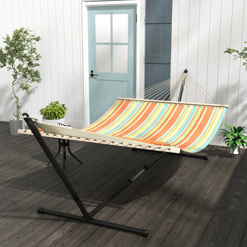 Outsunny Outdoor Garden Hammock with Stand, Double Cotton Hammock with Adjustable Steel Frame, Swing Hanging Bed with Pillow, for Garden, Patio, Beach, Red Stripes