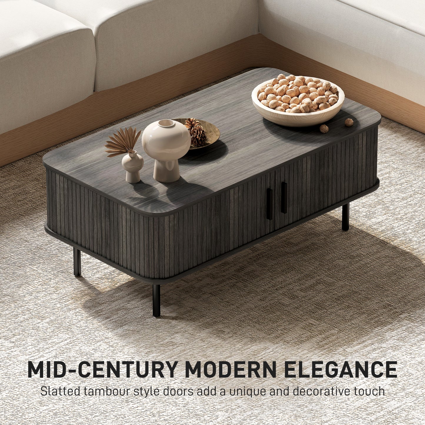 HOMCOM Coffee Table, Storage & Slatted Tambour Sliding Doors, Rectangular with Elevated Base & Foot Pads, Living Room, Grey Wood-Effect