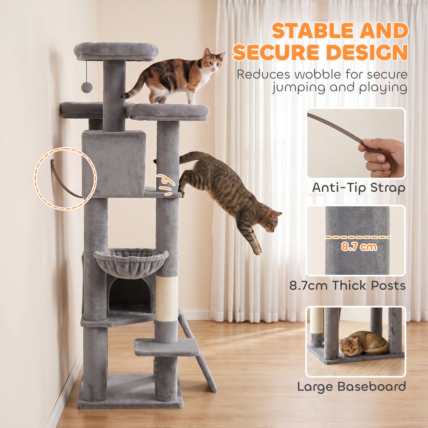 PawHut 184cm Large Cat Tree for Indoor Cats, Multi-Level Tall Kitty Tower with 3 Scratching Posts, 2 Condos, 3 Padded Beds