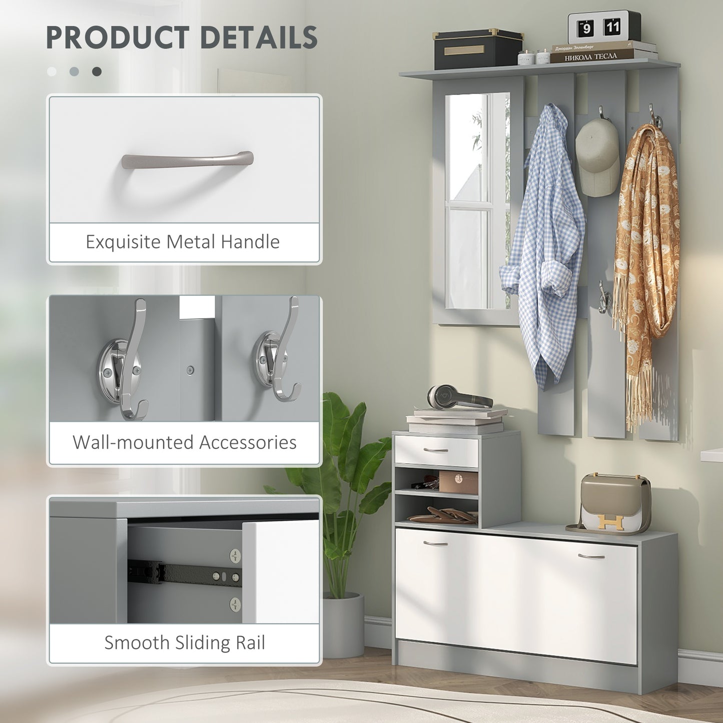 HOMCOM Three-in-One Hallway Storage Set - Grey/White