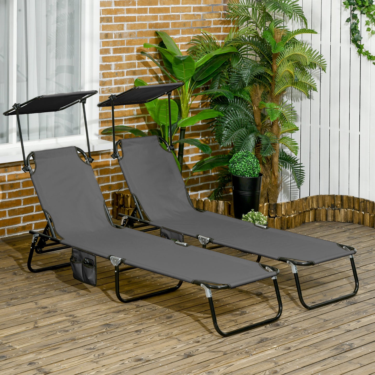 Outsunny 2 Piece Folding Sun Loungers w/ Canopy, Adjustable Garden Chairs, Steel Frame, Dark Grey
