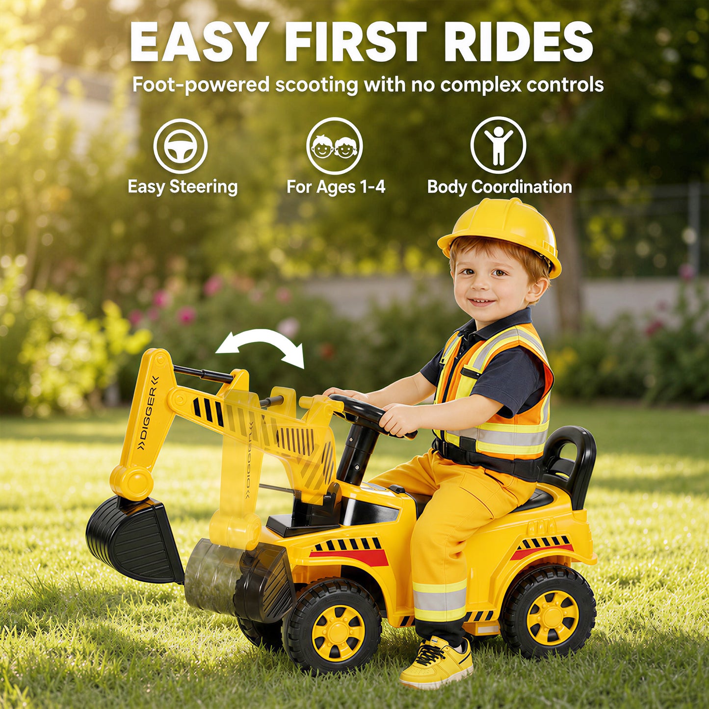 AIYAPLAY Kids Ride on Digger, Toddler Construction Toy Car with Security Helmet, Horn, Detachable Digging Arm
