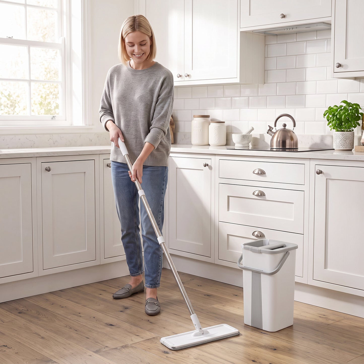 HOMCOM Mop and Bucket Set, Compact Flat Mop System with Wringer, 2-Chamber Design, 5 Reusable Pads, 127cm Handle, White
