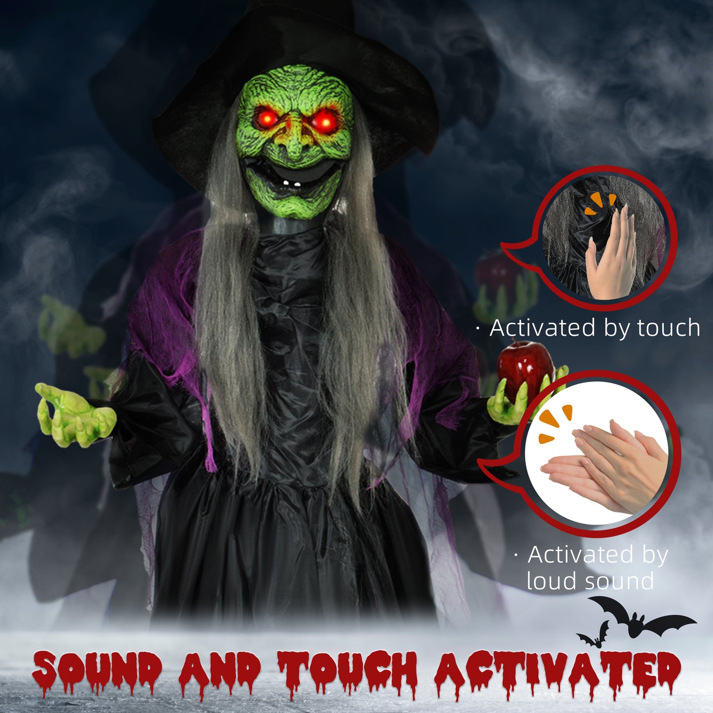 HOMCOM 180 cm Life Size Halloween Animated Standing Witch, Spooky Witch with Glowing LED Eyes,  Battery Operated