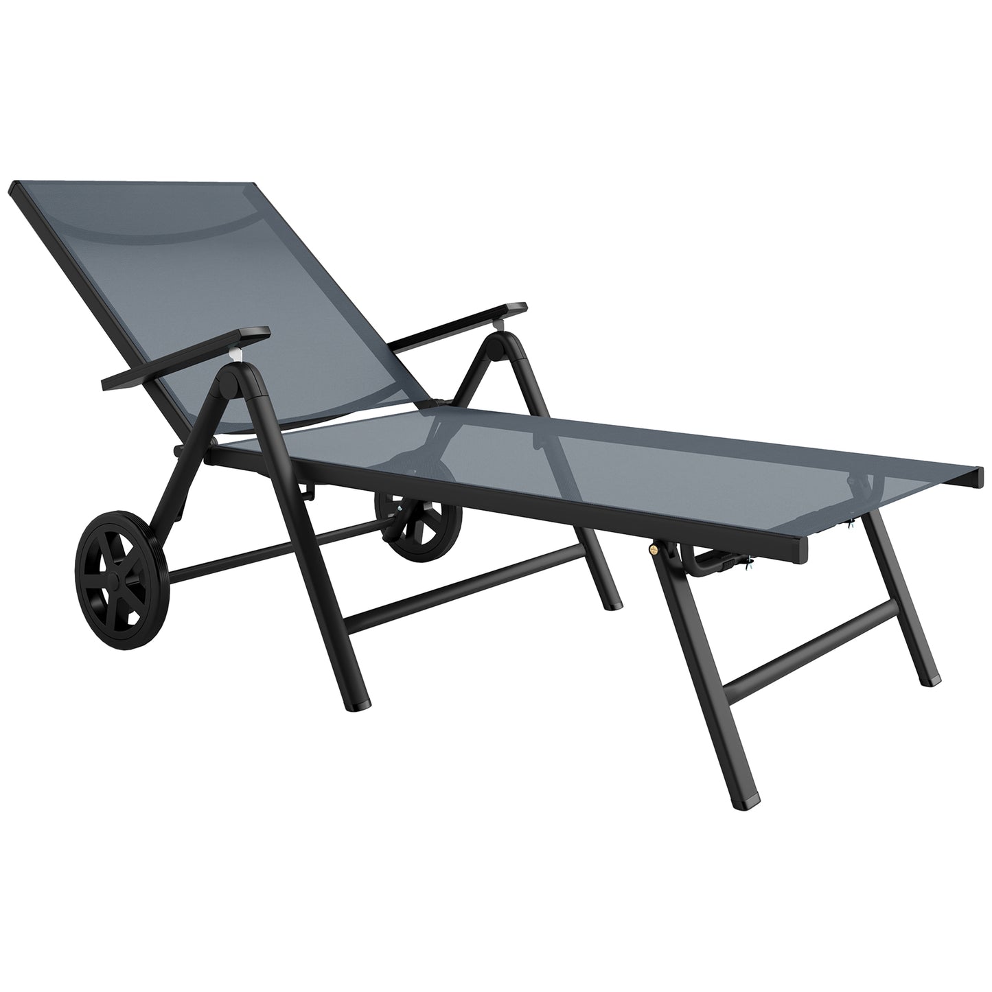 Outsunny Folding Sun Lounger with Wheels, 5-Position Adjustable Reclining Chair, Metal Frame, Armrests, Portable for Beach/Porch, Grey