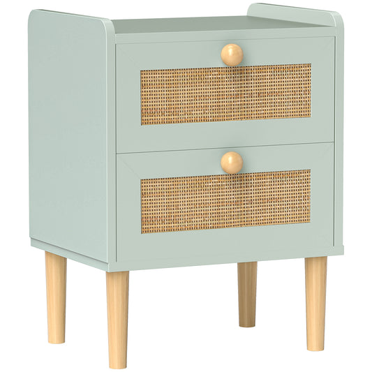 HOMCOM Bedroom Chest of Drawers, Boho Rattan Dresser with 2 Drawers, Storage Cabinet for Living Room, Hallway, Entryway, Light Blue