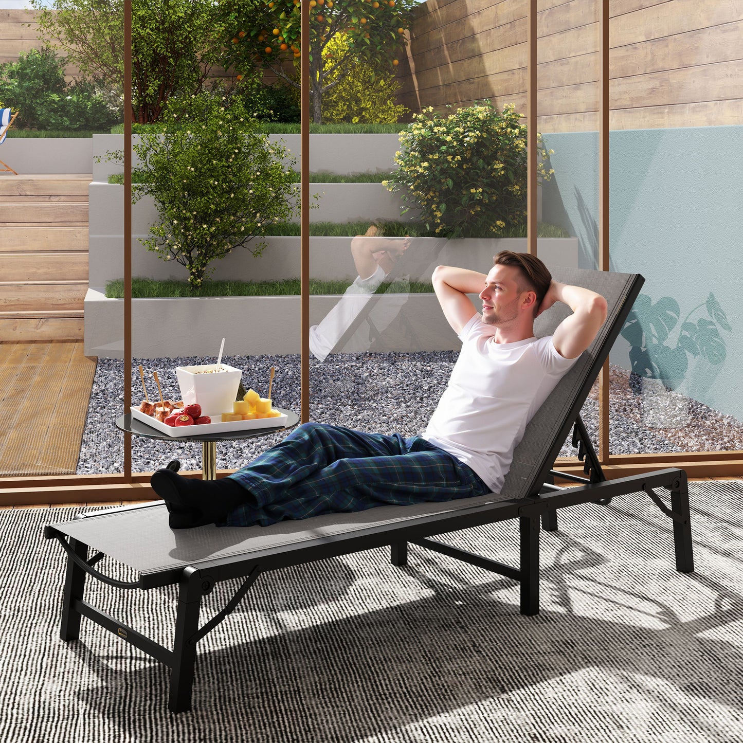 Outsunny Folding Sun Lounger, 5-Position Adjustable Garden Chaise Sunbed, Steel Frame Reclining Chair for Beach, Patio, Camping, Light Grey