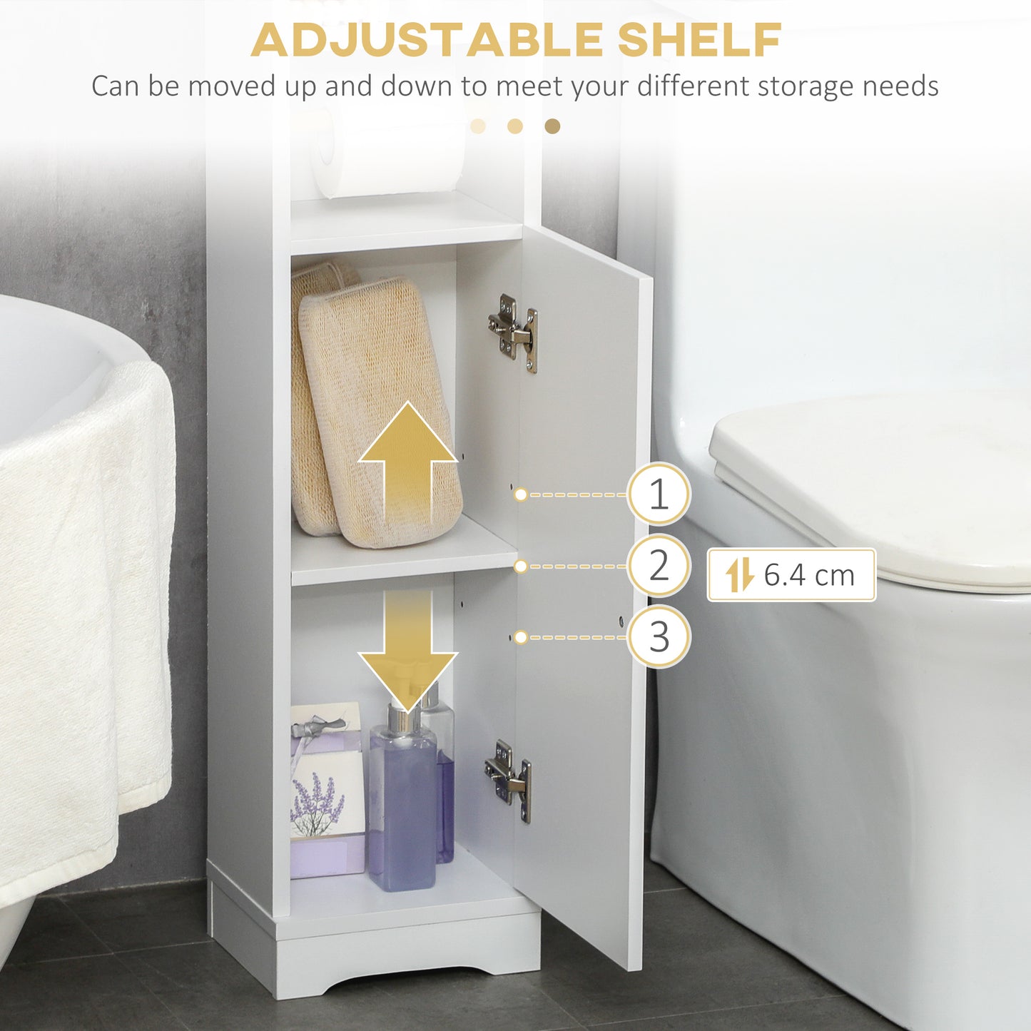 kleankin Slim Bathroom Storage Cabinet, 2 Open Shelves & Toilet Paper Holder, Freestanding with Adjustable Shelf, 23x18x100 cm, White