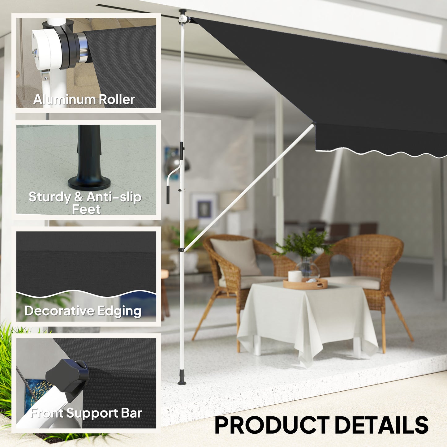 Outsunny 3x1.5m  Adjustable Outdoor Aluminium Frame Awning Black