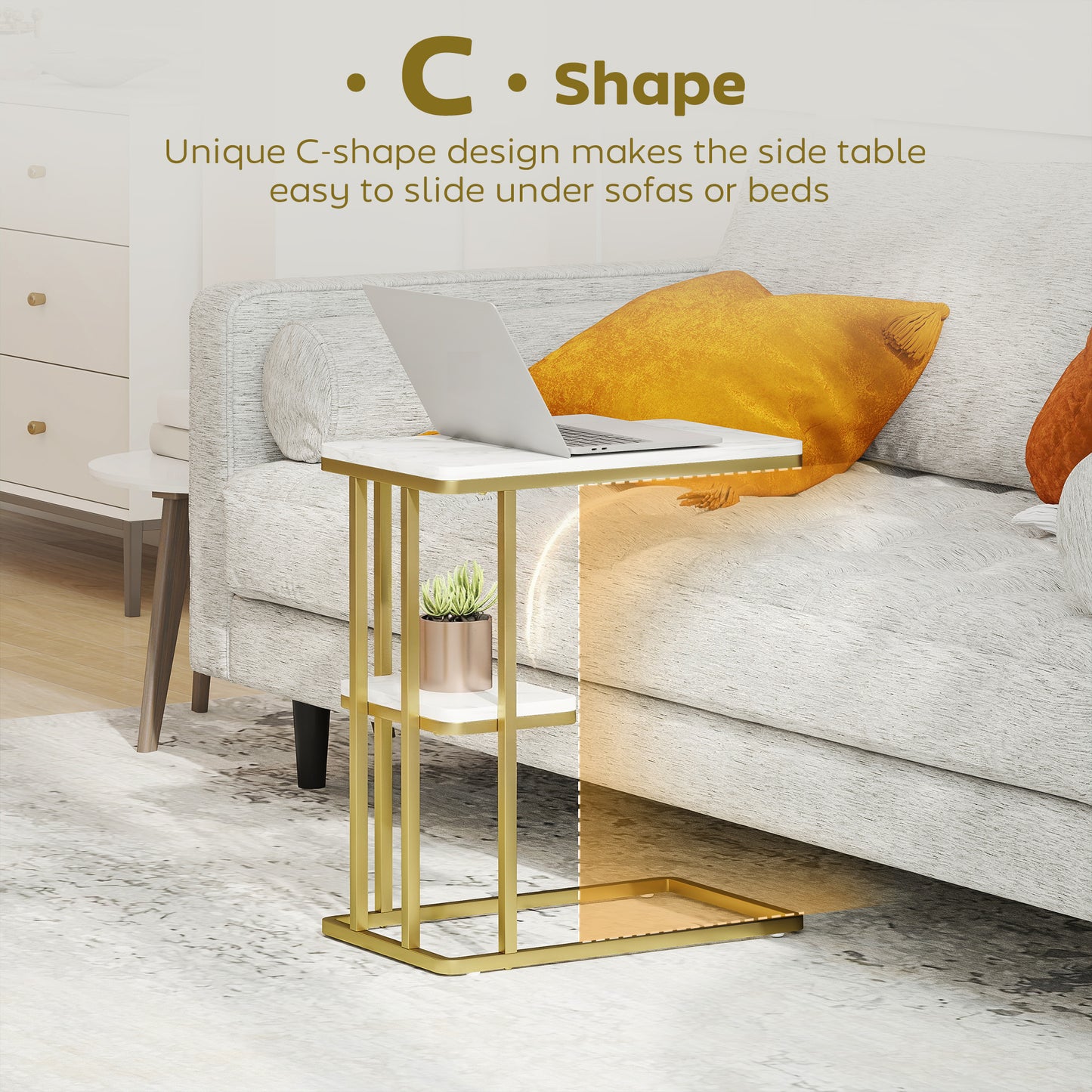 HOMCOM C-Shaped Narrow Side Table, 2-Tier Slim End Table, Nightstand White Marble Grain