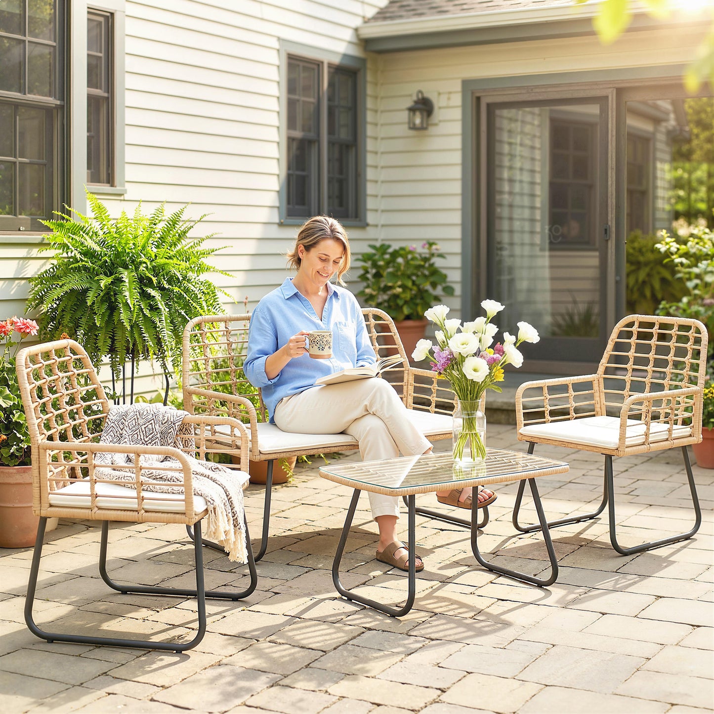 Outsunny 4 Piece Rattan Garden Furniture Set, Outdoor Patio Furniture, Armchairs and Coffee Table