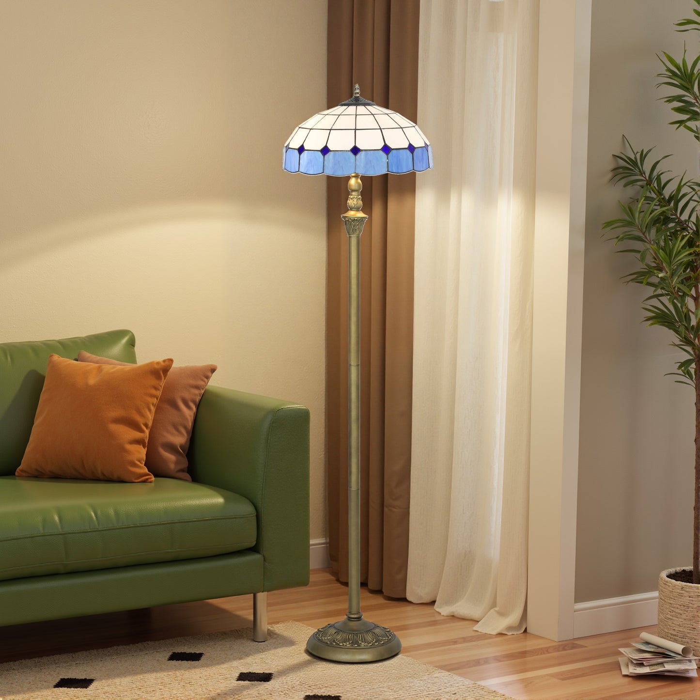 HOMCOM Tiffany-Style Floor Lamp, 152cm Vintage Standing Lamp with Stained Glass Shade & Foot Switch, Dual Sockets, Bronze Tone and Blue