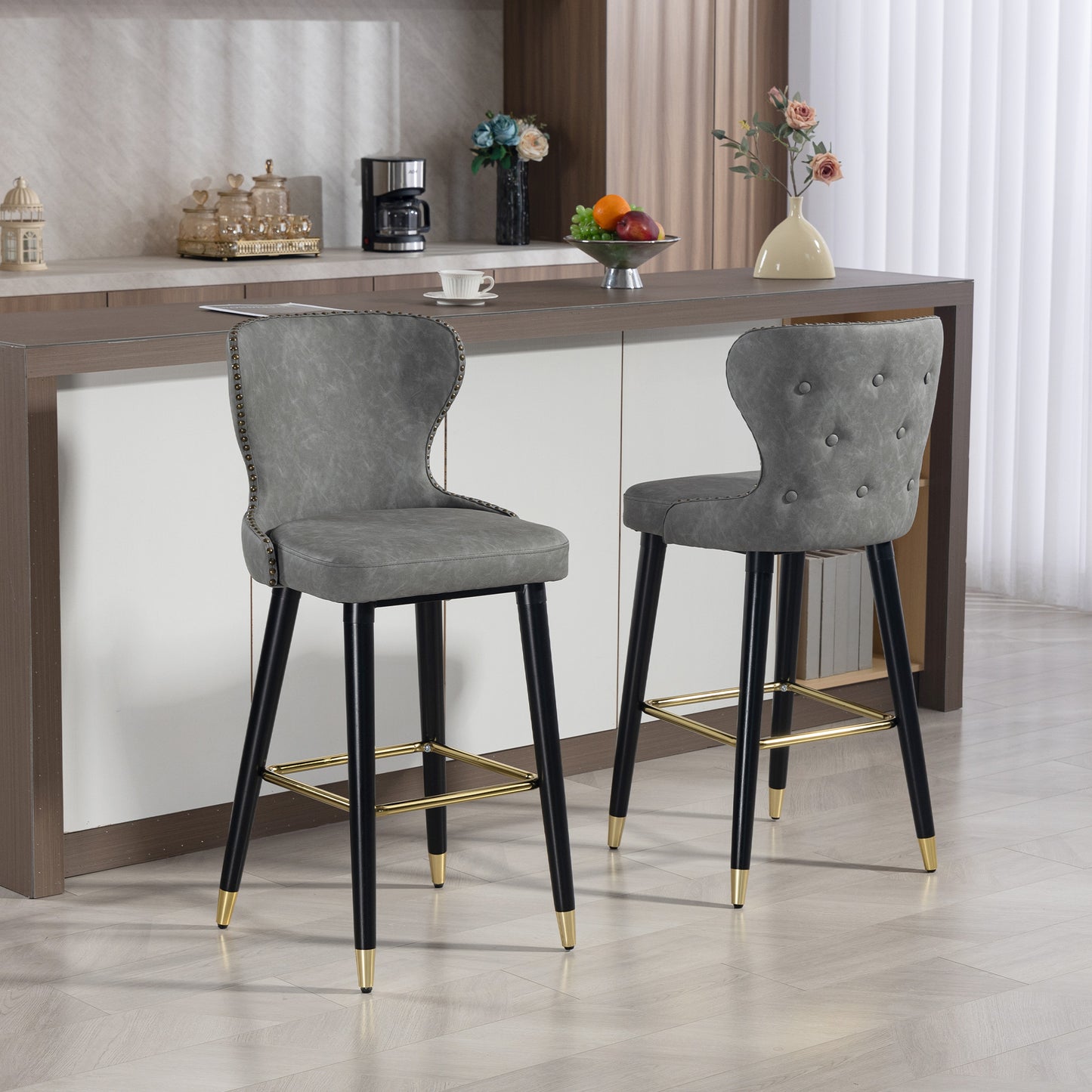 HOMCOM Bar Stools Set of 2, PU Leather Barstools with Back, Footrest and Wood Legs for Kitchen, Counter, Breakfast Bar, Grey