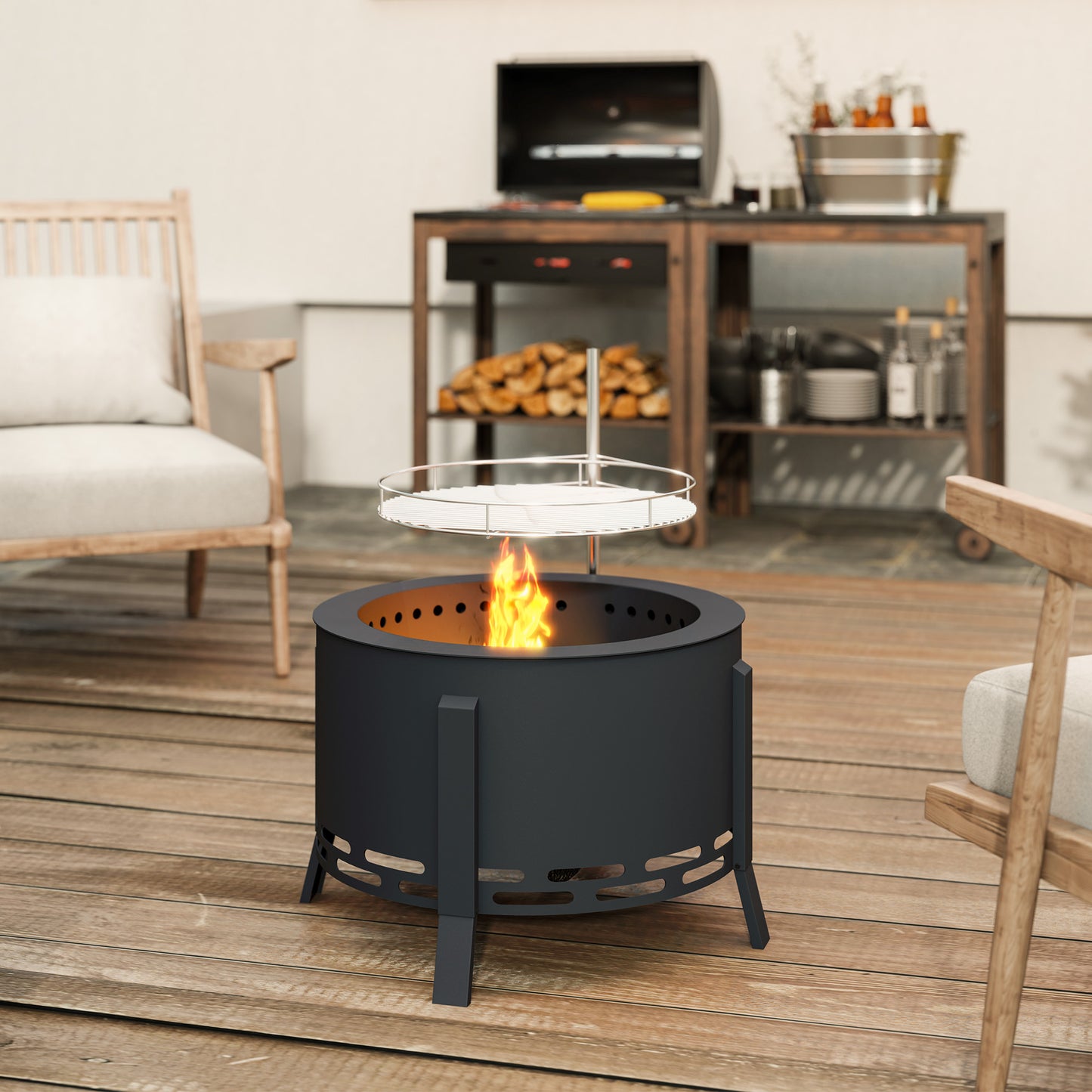 Outsunny Portable Fire Pit, 58 cm Round with Grill Grate, Ash Catcher, and Poker, Ideal for Garden Camping Bonfire Picnic, Black