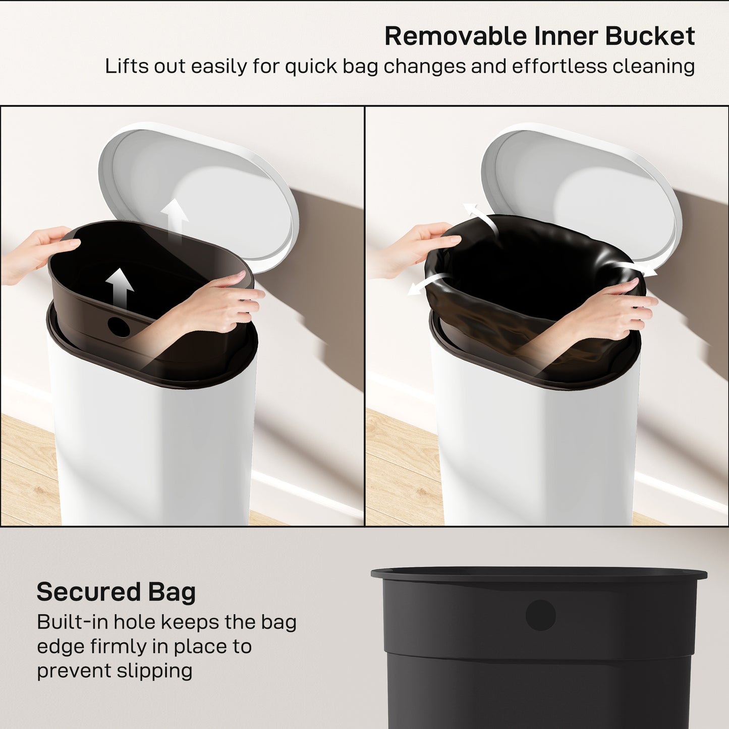 HOMCOM 30L Kitchen Bin, Slim Rectangular Pedal with 90° Stay-Open and Soft-Close Lid, Removable Inner Bucket, Fingerprint-Resistant, Cream.