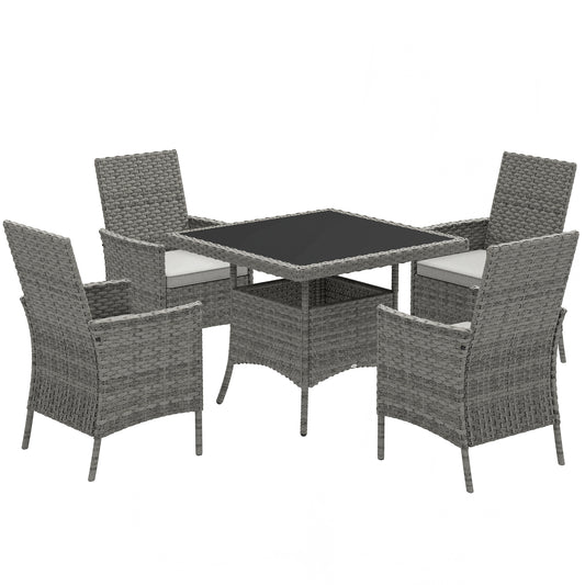 Outsunny Rattan Garden Furniture Set, Outdoor Dining Table & 4 Armchairs with Cushions, Square Glass Top, for Balcony/Terrace, Grey