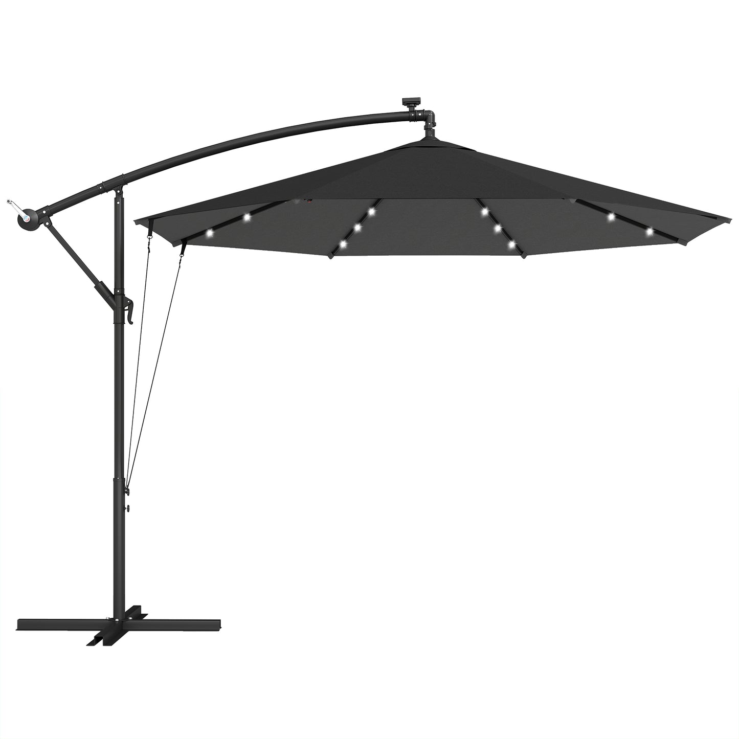 Outsunny 3 m Cantilever Parasol with Solar LED Lights Garden Umbrella with Cross Base, Black