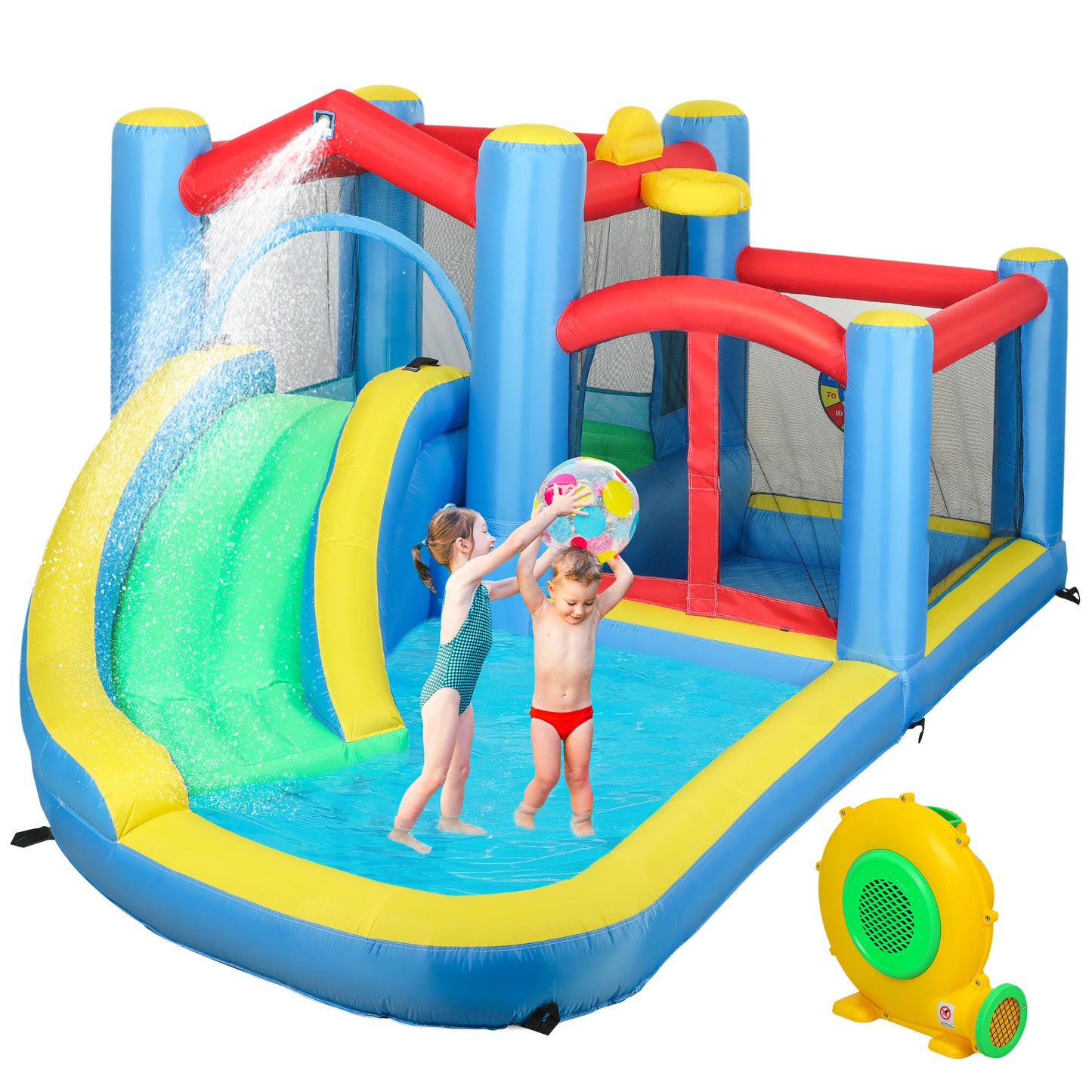 AIYAPLAY Inflatable Bouncy Castle with 550W Blower, Basketball Hoop, Long Slide, Dart Board, Carrying Bag, 385 x 290 x 180 cm