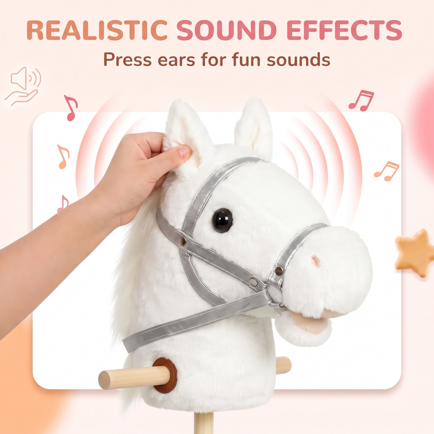 AIYAPLAY Hobby Horse with Wood Wheels, Stick Horse with Grip Handle, Hoofbeats Neighing, Gift for Imaginative Play, 95 cm, White